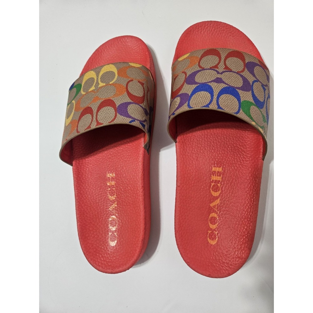 COACH Udele Sport Slides Rainbow Signature Canvas Womens Size 10 Excellent Con.